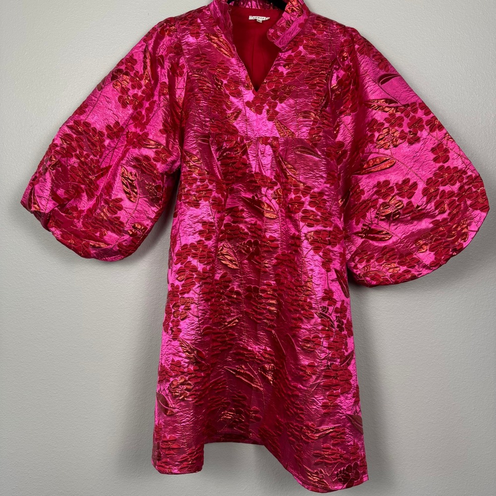Hot Pink Metallic Jacquard Statement Dress Balloon Sleeve Barbiecore Party L